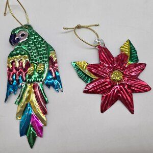 Mexican Folk Art Colorful Tin Parrot & Flower Hanging Ornaments Holiday Decor